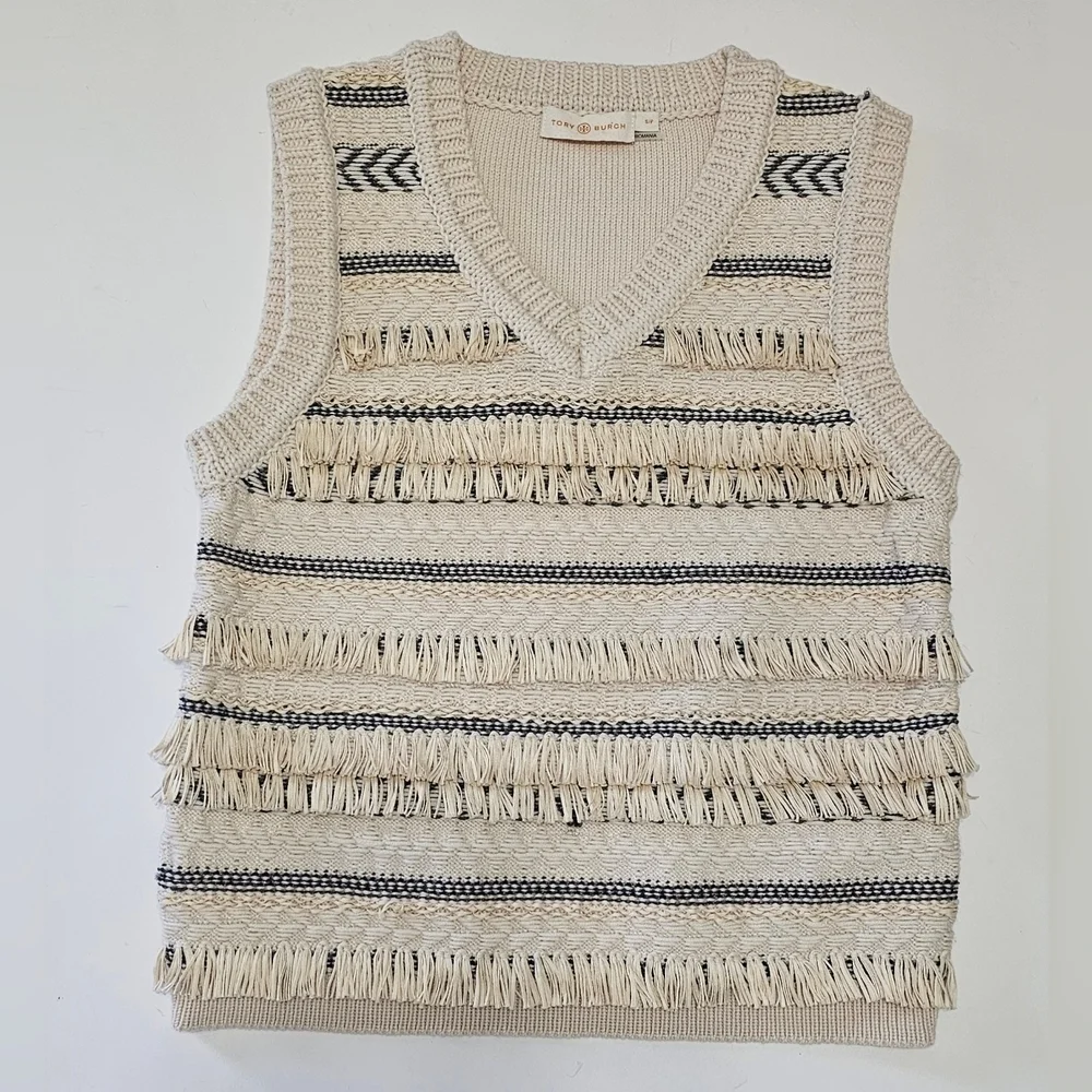 Tory Burch Women's Jacquard Cream Fringe Wool Preppy Clueless Sweater Vest Sz S